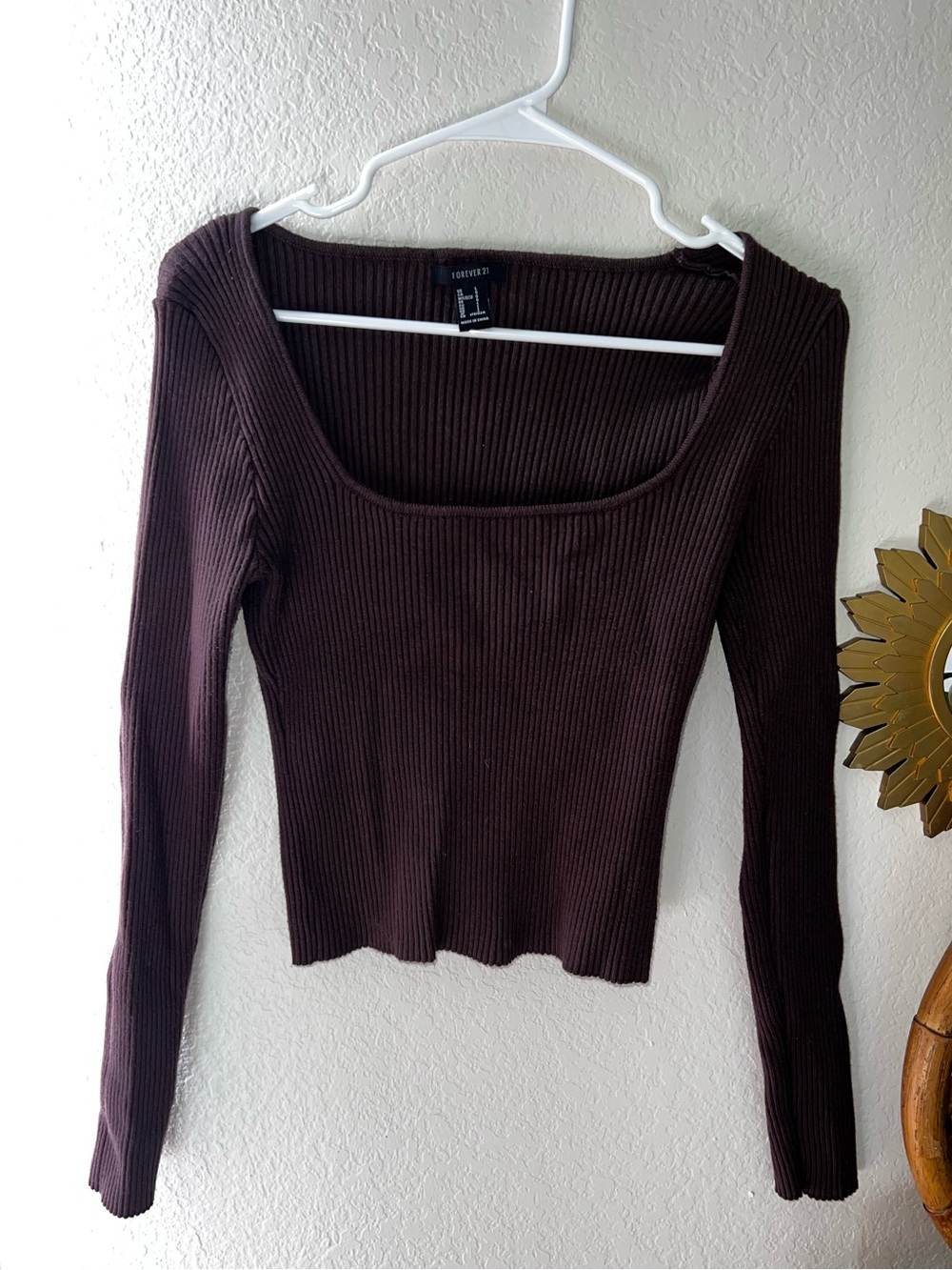 Forever 21 Brown Ribbed Scoop Neck Long Sleeve Top Y2K Sweater Fitted Size Large